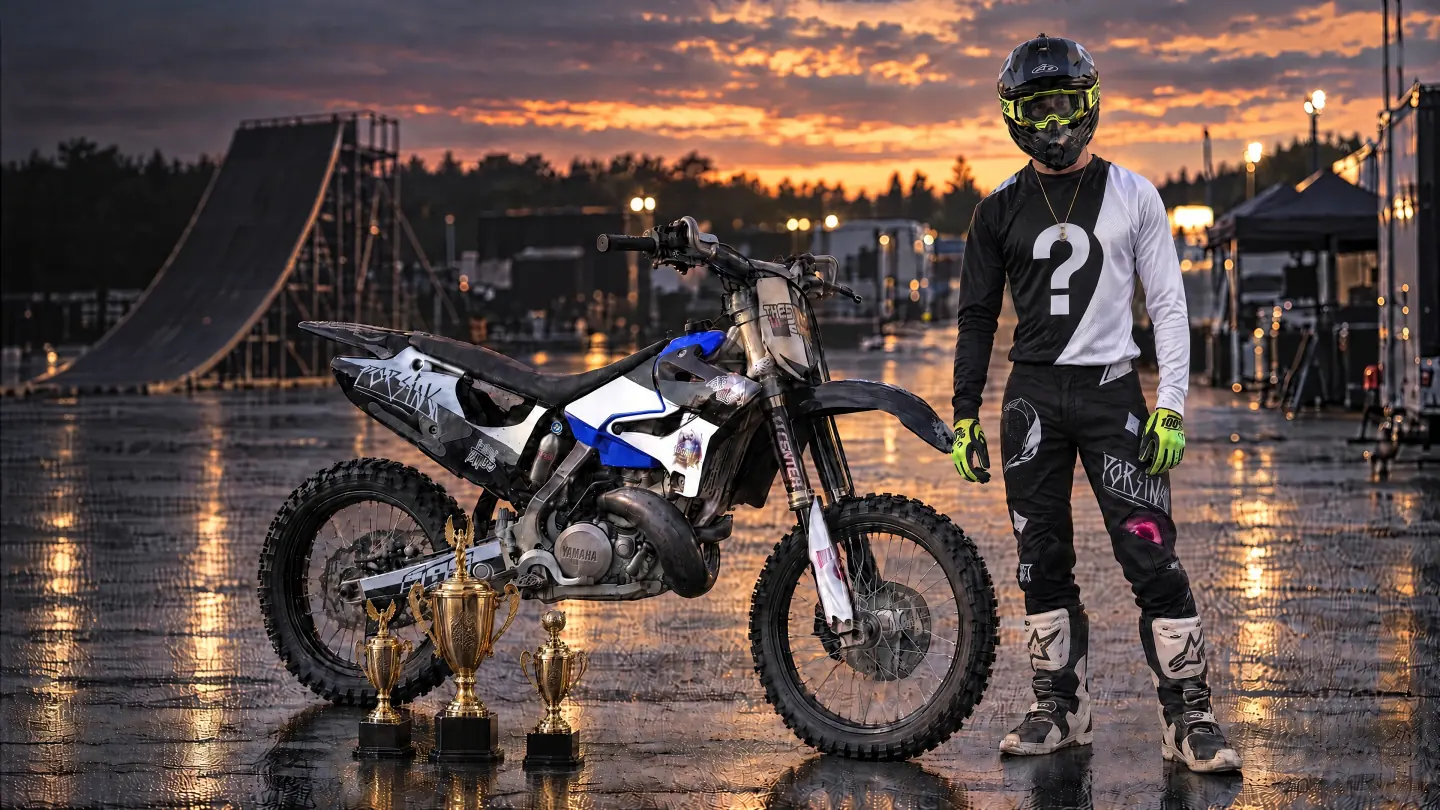 Alex Porsing med sin FMX-motorcykel foran showpladsen i solnedgangen.